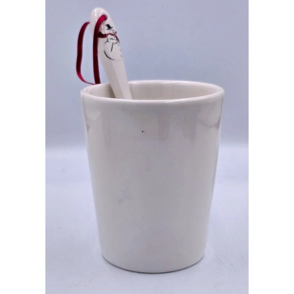Williams Sonoma 10 oz. Snowman Ceramic Gift Mug with Spoon Set‎ Red Ribbon